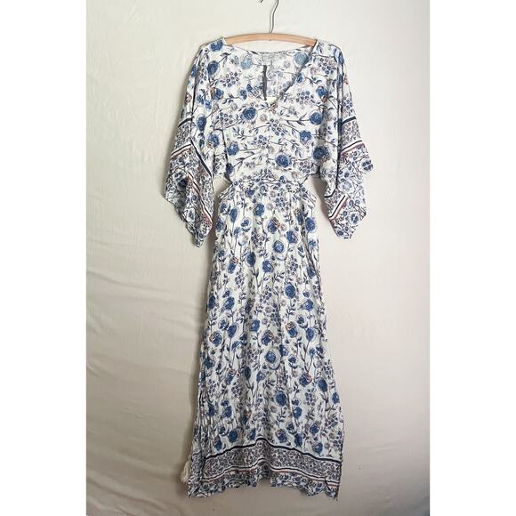 NWT Dress Forum Floral White,Blue,Rust Maxi Dress. Size Small.Side Open Splits. - Picture 1 of 9